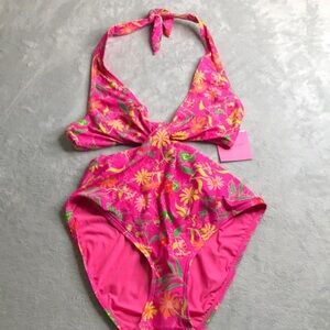 Kate Spade Knotted Halter One Piece Swim  Rooftop Garden Print Size L New